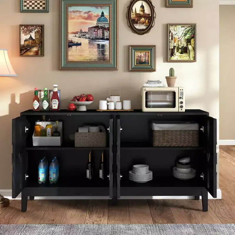 60.5 Black Geometric Sideboard Buffet Cabinet, Modern Fretwork 4-Door TV Media Console with Adjustable Shelves for Living Room - Panipeachy