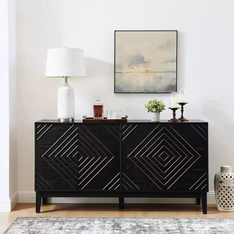 TUYOHW Buffet Cabinet,Buffet Table with Geometric Pattern,Adjustable Shelves,Outlet Holes,Sideboard TV Stand for Living Room,Kitchen,Dining Room,Black
