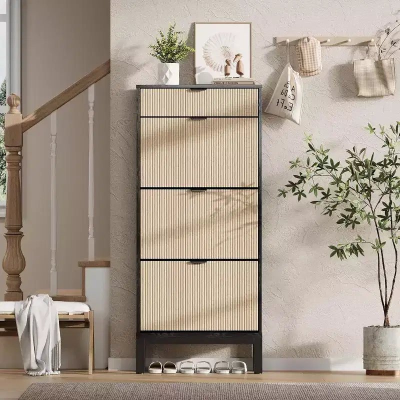 Black Oak / White Oak Narrow Shoe Cabinet, 3 Flip Drawers + 1 Storage Drawer, Holds 20 Pairs