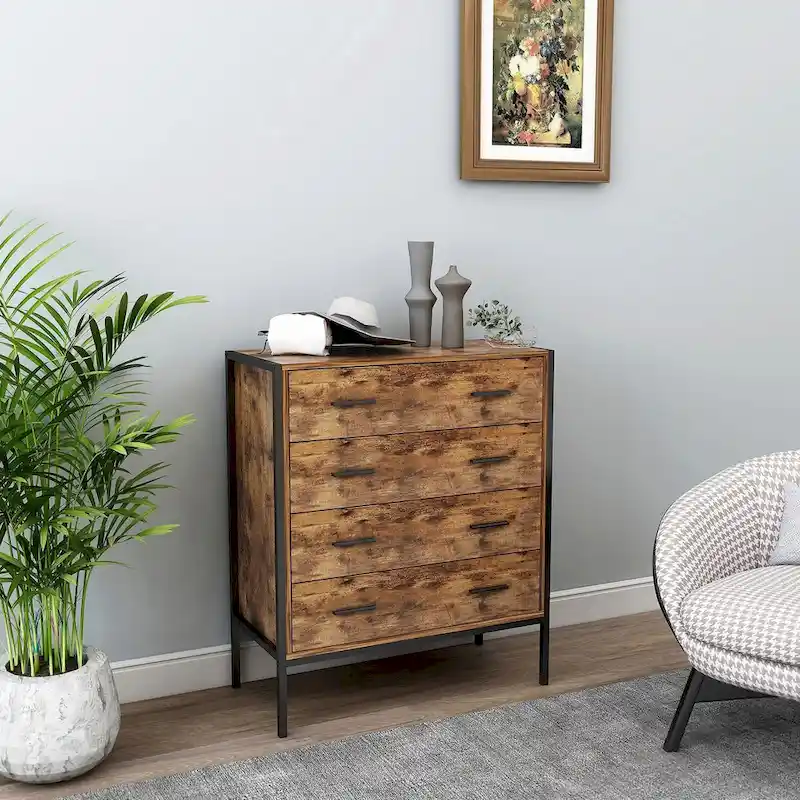 4 Drawer Dresser, Brown Wood Storage Cabinet Clothes Organizer