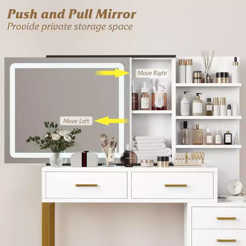 Vanity with Mirror and Light, Sliding Illuminated Mirror Makeup Table, 3 Lighting Modes, 5 Large Drawers, Suitable for Bedrooms