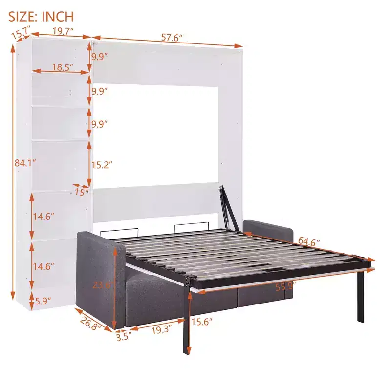 Full/Twin Size Murphy Bed Wall Bed | 3/2 Seat Sofa & Storage Shelves | White & Gray