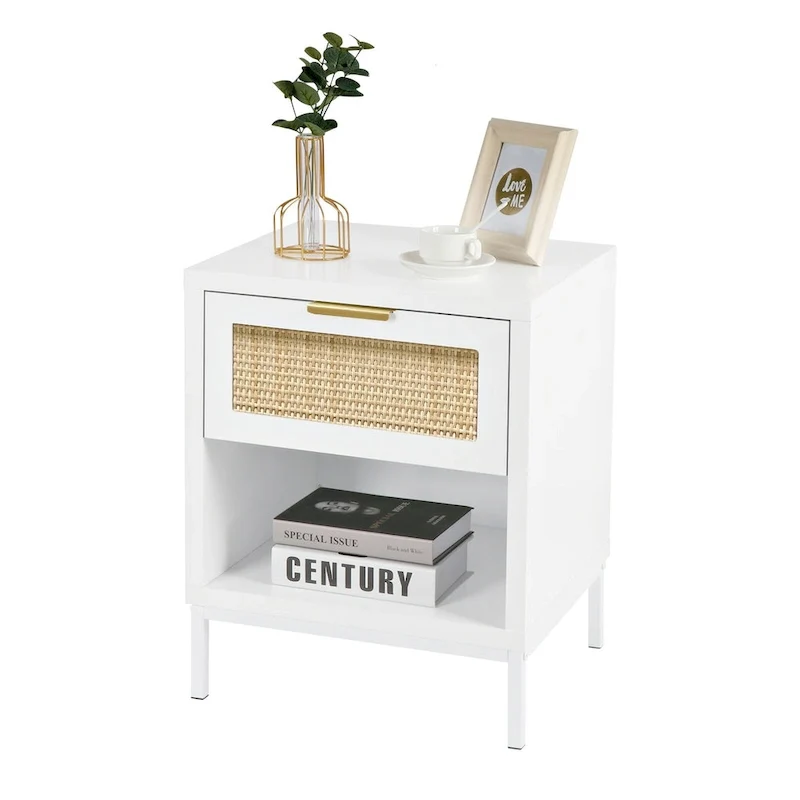 Mid-Century Modern 1-Drawer White Nightstand Wood Bedside Table with Storage Shelf