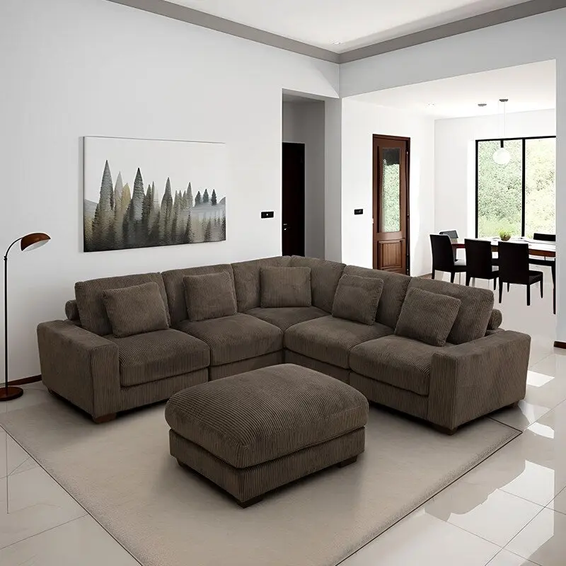 97 Brown Corduroy Upholstered L-Shaped Corner Sectional Sofa with Ottoman