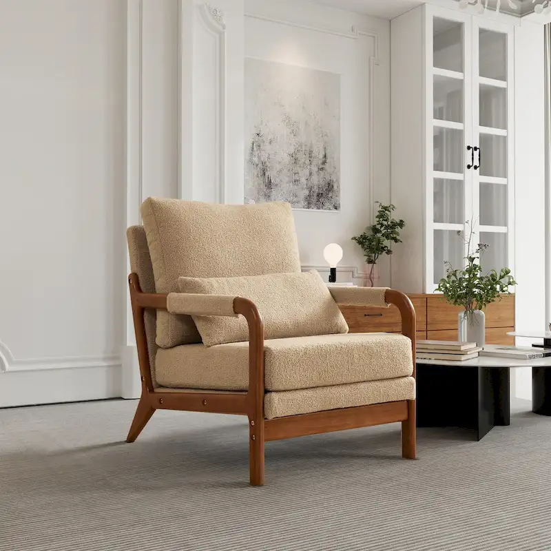 Modern Teddy Fabric Accent Chair, Wood Frame Armchair for Living Room