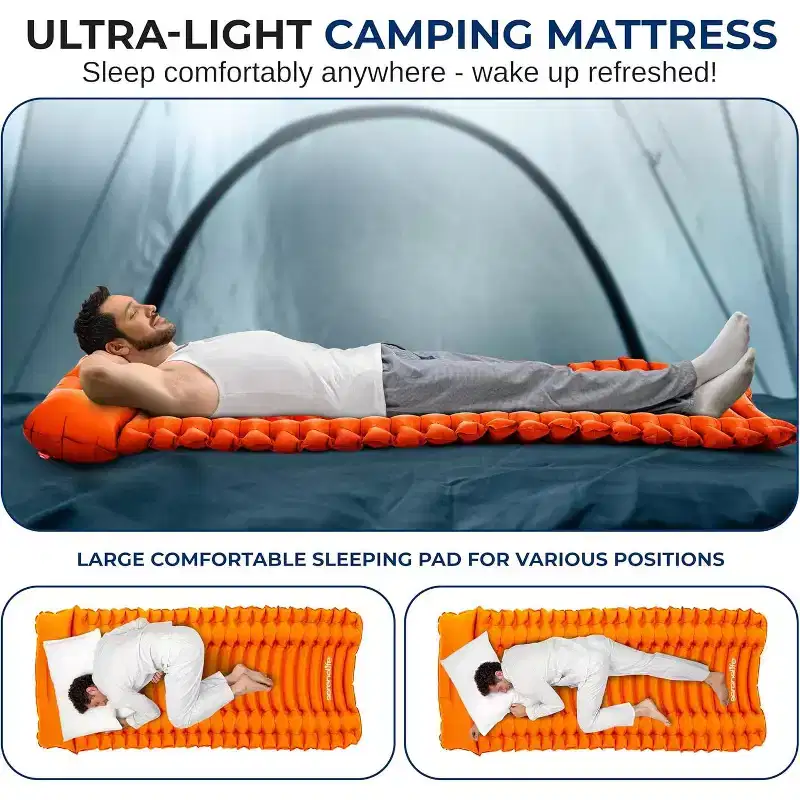 SereneLife Ultralight Sleeping Pad + Carrying Bag - Lightweight & Compact Air Mattress for Backpacking, Hiking (Orange)