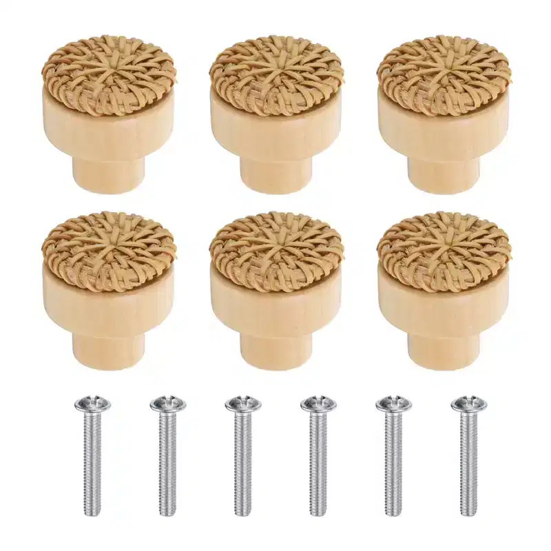 Unique Bargains Rattan Wood Handmade Round Dresser Cabinet Knobs with Screws
