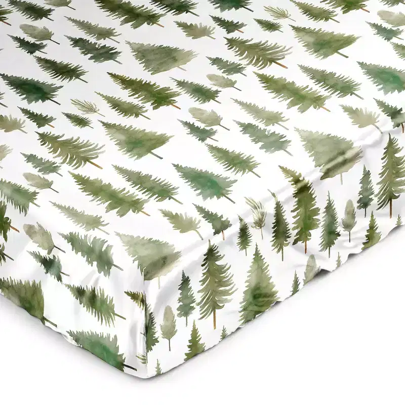 Sweet Jojo Designs Gender Neutral Unisex Satin Fitted Crib Sheet Woodland Pine Tree Green and White