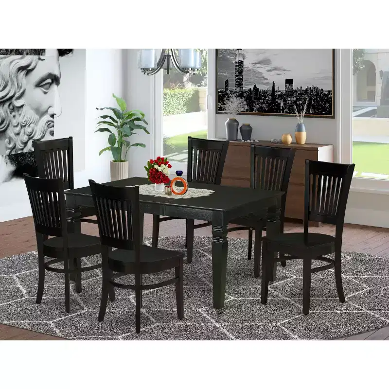 HomeStock Belmont 7-Piece Kitchen Dining Table Set 6 Dining Chairs and Butterfly Leaf Dinner Table- Black Finish