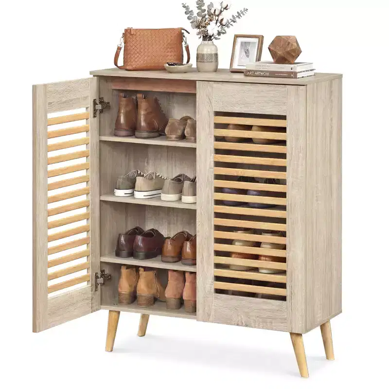 Costway Shoe Cabinet with 2 Louvered Doors&3 Removable Shelves,5-Tier NarrowCabinet Natural/Walnut