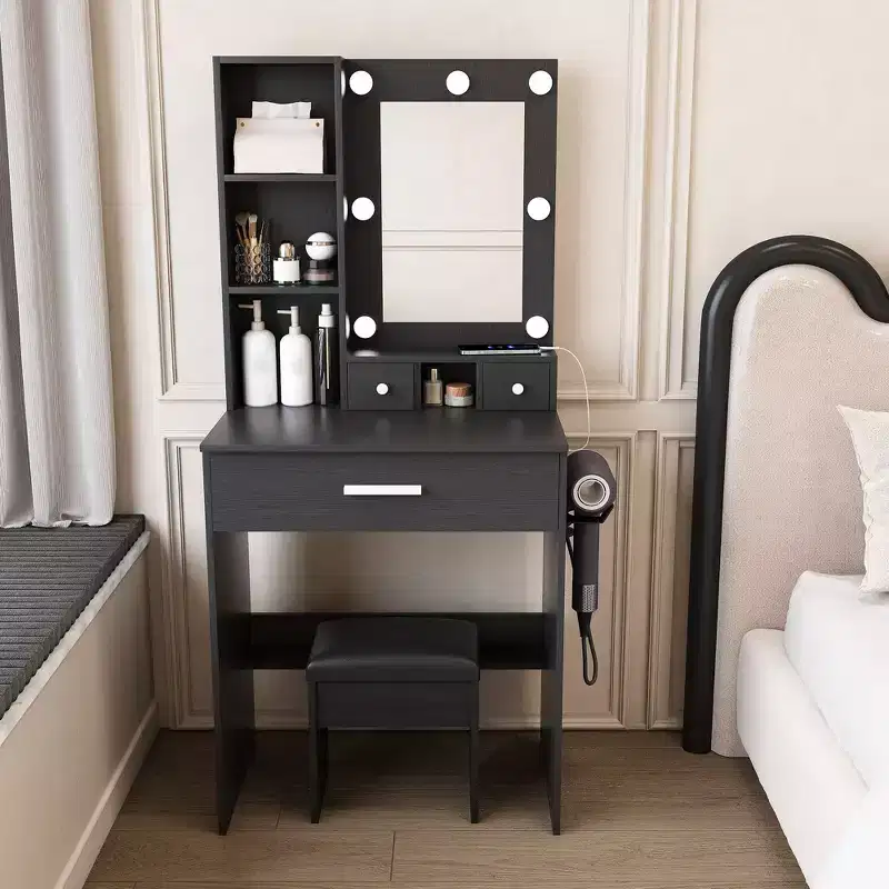 Vanity Desk with Power Outlet and Hairdryer Holder