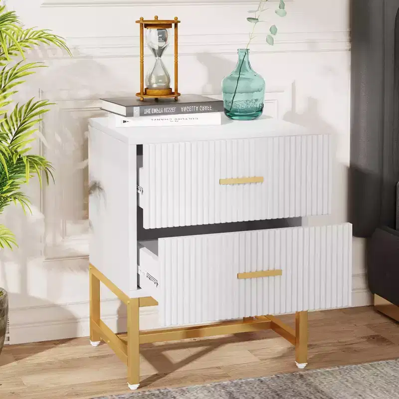Modern Fluted Nightstand | White | Bedside Table with Storage