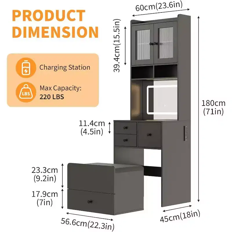 3-in-1 Makeup Vanity Desk with Lighted Mirror, Compact Vanity Table with Drawers, Storage Compartment & Rolling Stool for Bedroom