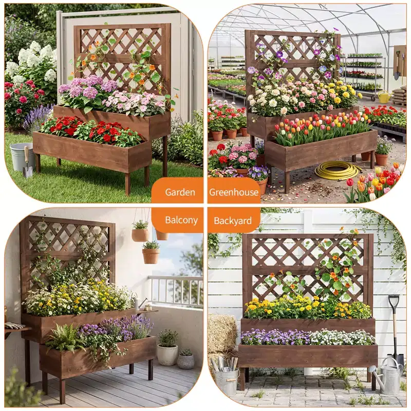 2-Tier Raised Wooden Planter Box with Trellis  Ergonomic Garden Bed with Drainage Holes  Ideal for Climbing Plants, Patio, Balcony, Terrace