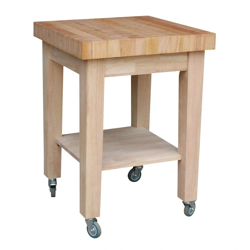 Unfinished Solid Parawood Kitchen Island Cart with Locking Casters Natural Wood