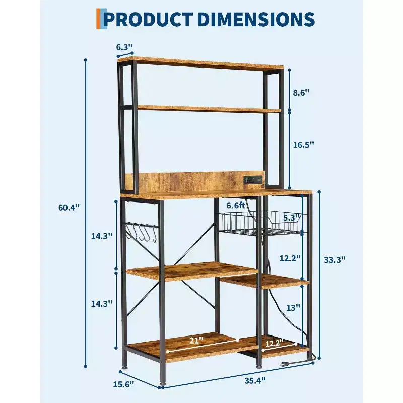 Kitchen Bakers Rack Rustic Brown Storage Shelf with Power Outlet,4-Tier Microwave Stand & Coffee Bar Table(Includes 6 S-Hooks for Pots)