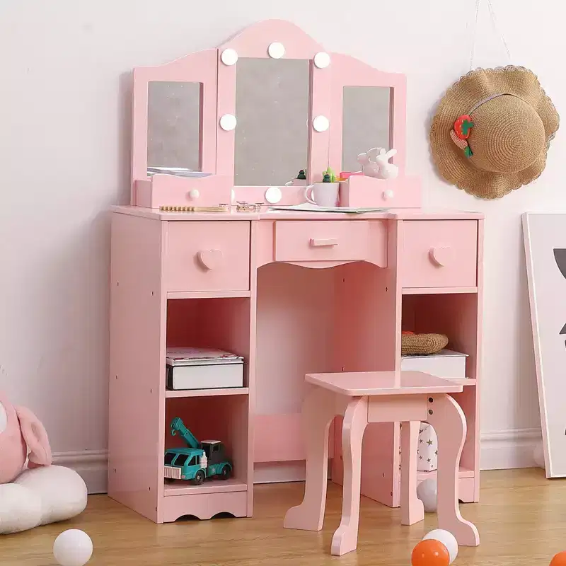 Kids Vanity Set with Tri-Folding Mirror, 2-in-1 Wooden Makeup Table and Stool for Toddlers, Princess Pretend Play Dresser with Drawer for Girls
