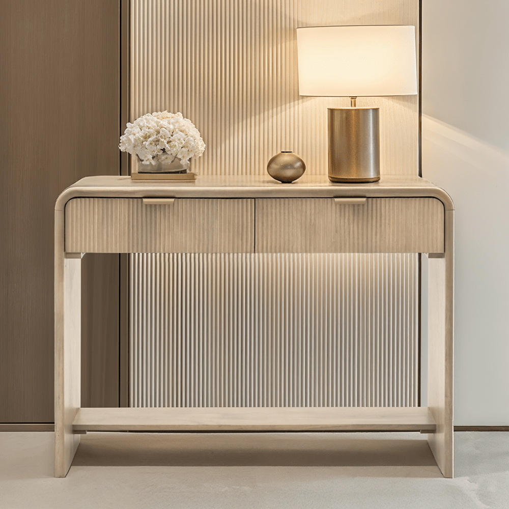 Ribbed Wooden 2 Drawer Console Table