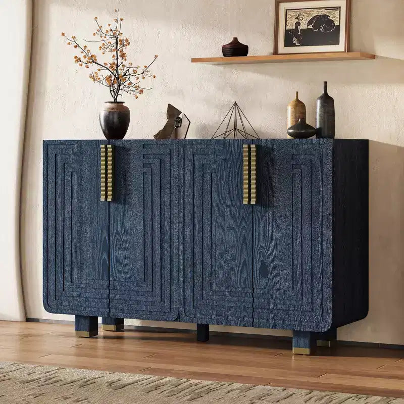 4-Door Vintage Storage Cabinet Retro Sideboard Wood Buffet Cabinet Accent Cabinet with Adjustable Shelves, Antique Navy/Black