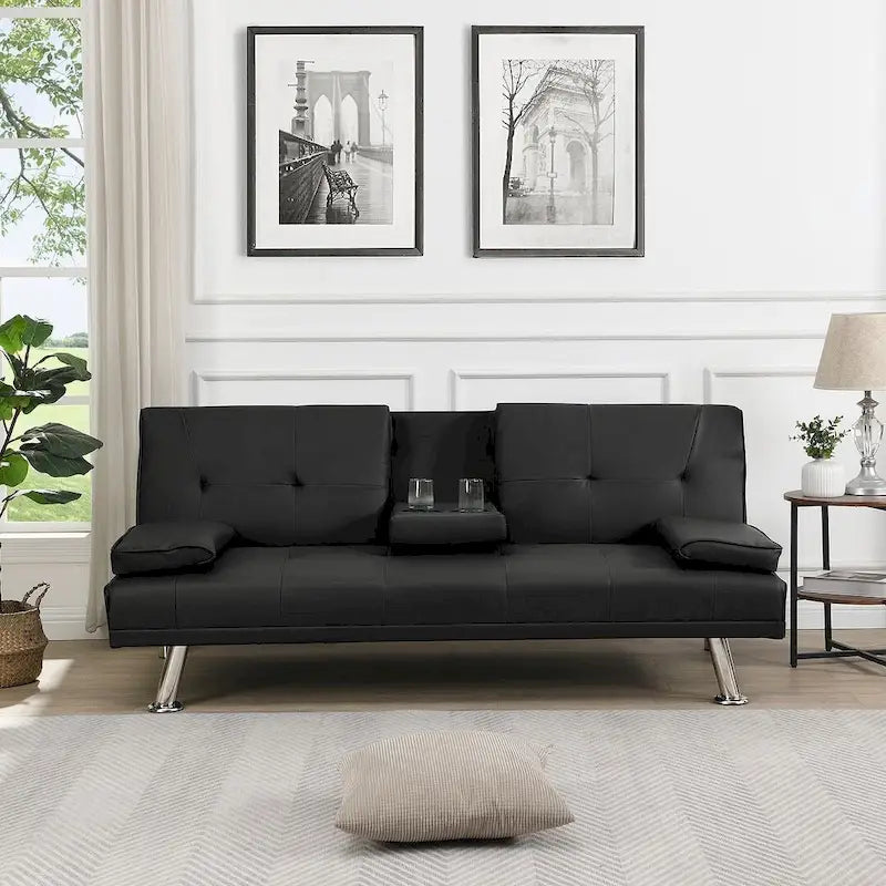 Convertible Sofa Bed – Black / Dark Brown, Faux Leather, 3-Position Recliner, Seats 2