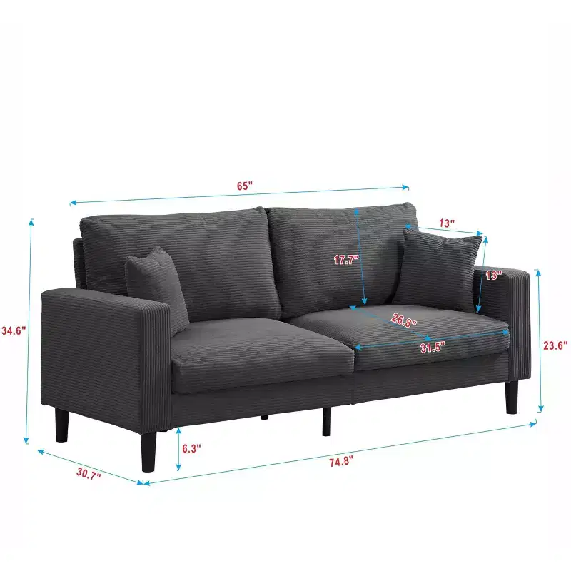 TUYOHW 74.8 Inch Corduroy High Resilience 3-Seater Sofa with 2 Throw Pillows for Living Room,Bedroom,Apartment