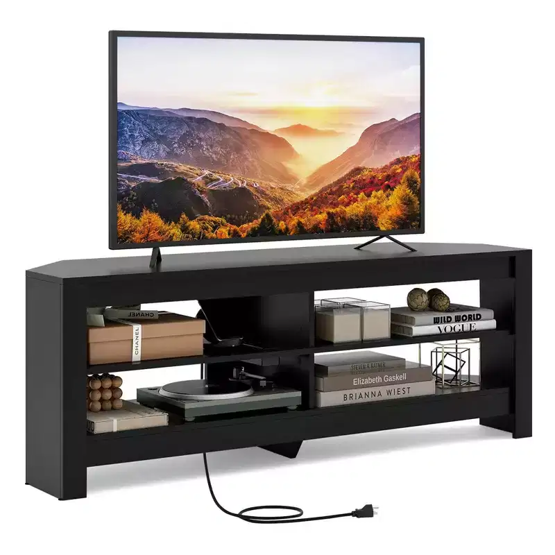 3-Tier Corner TV Stand with Power Outlet & 4 Open Shelves, Fits 65" TV