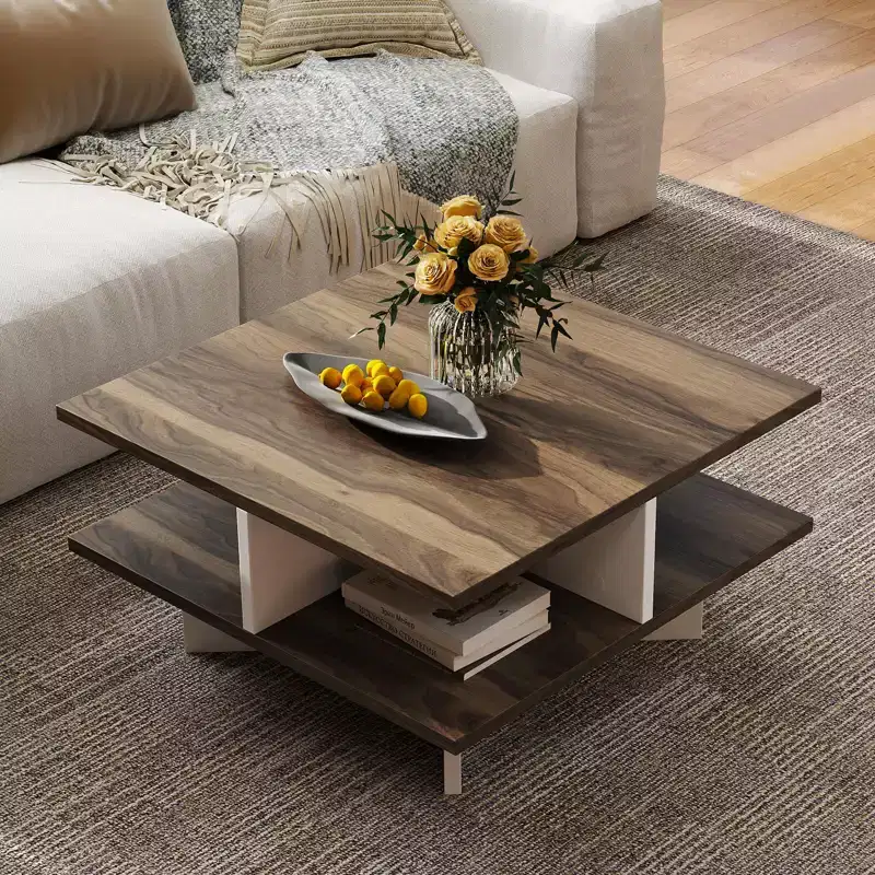 Costway 2-Tier Coffee Table Farmhouse Modern Center Table for Living Room Walnut and White