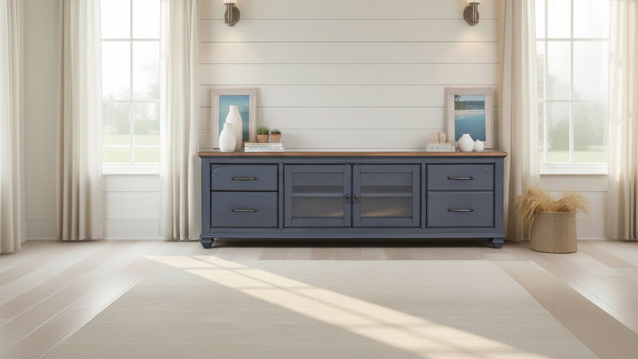 84-Inch TV Stand – Corduroy Blue, Coastal Traditional Style, Fits TVs up to 90 Inches