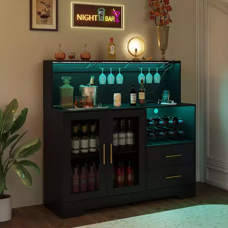 EROMMY Modern Wine Bar Cabinet With Led Lights, Coffee Bar With Wine Racks And Glass Holder, Charging Station