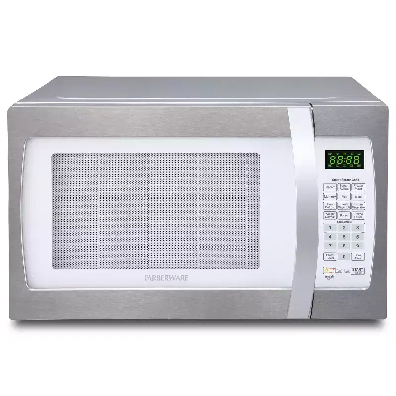 Farberware Professional 1.3 Cu. Ft. 1100-Watt Microwave Oven with Smart Sensor Cooking, White and Platinum