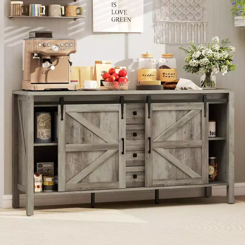 59" Farmhouse Sideboard Buffet Cabinet with Sliding Barn Doors, Drawers & Adjustable Shelves