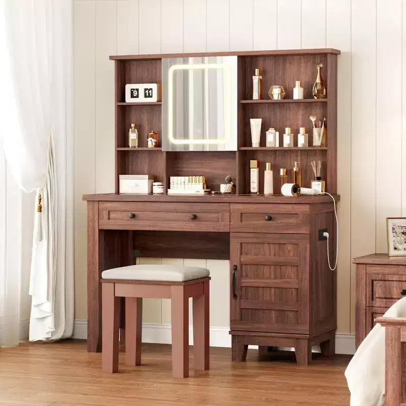 Farmhouse Makeup Vanity Desk with Mirror and Lights, Power Outlet, 2 Drawers and Cushioned Stool, Glass Top for Bedroom Dressing Room