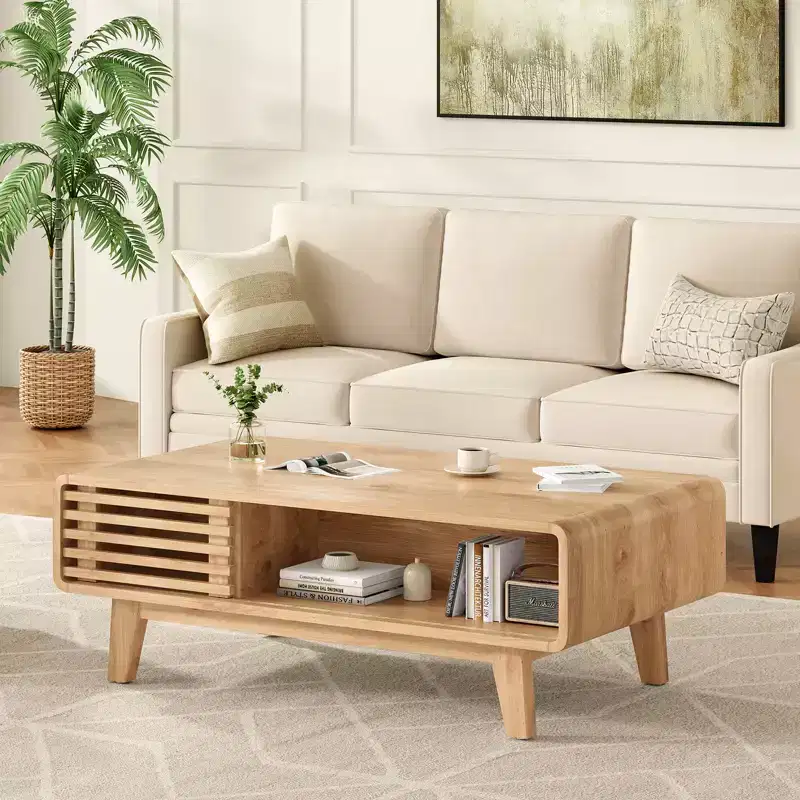 JVNOXK 23-inch Mid-Century Farmhouse Style Modern Wood Coffee Table Wood Legs with Storage Function Perfect for Living Rooms Natural Finish