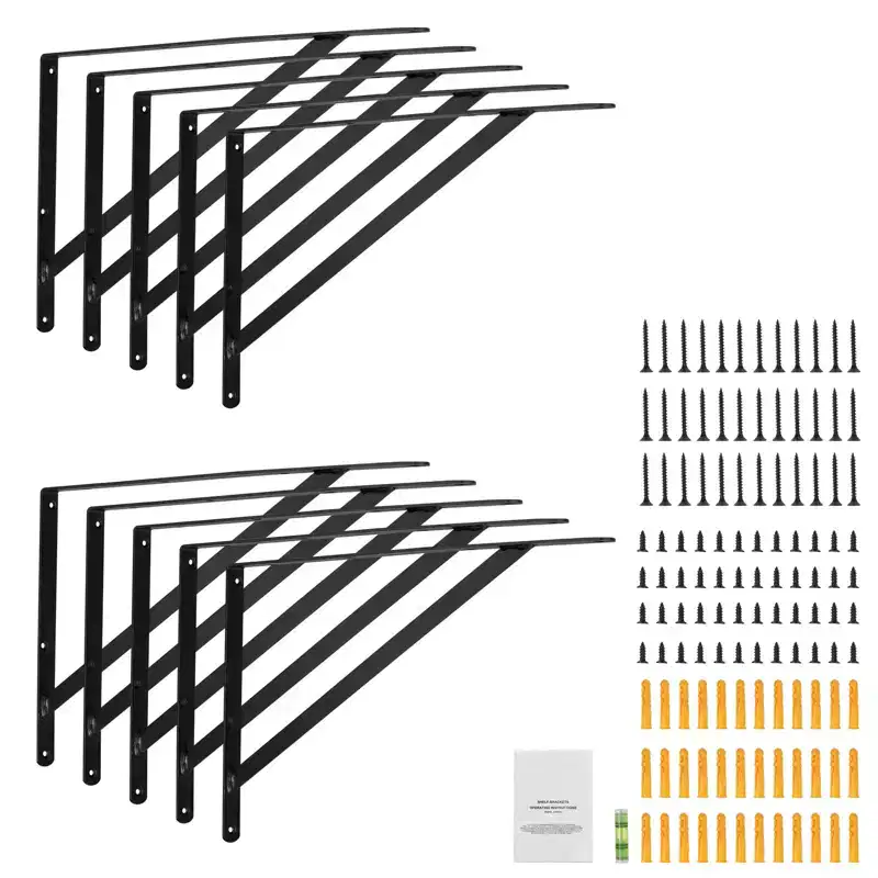 VEVOR Shelf Bracket, 12 x 8 in 10 Pcs,Heavy Duty Floating Shelf Brackets, Brackets for Shelves,3mm Thick Matte Black Triangle Shelf Bracket,Black
