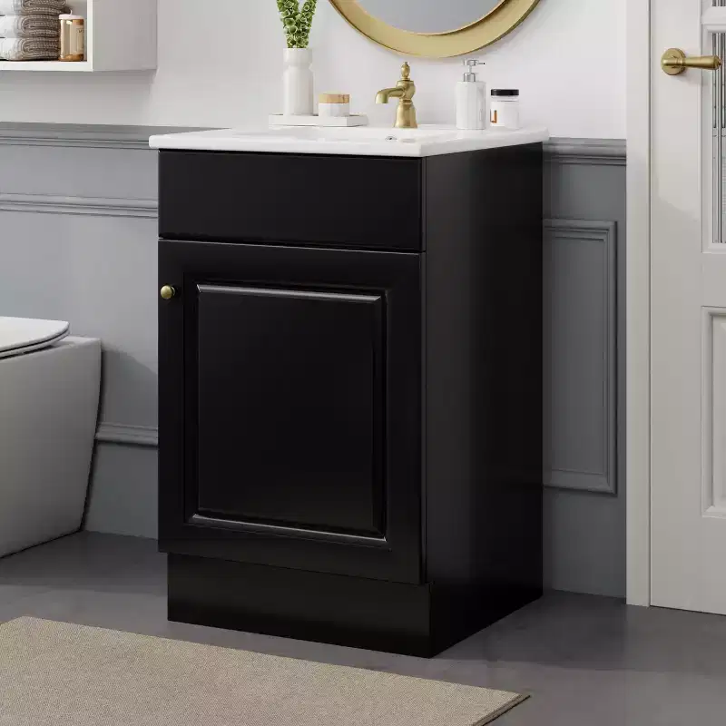 Bathroom Vanity with Sink, Free Standing Single Basin Vanity Set with Storage Rack, Solid Wood Bathroom Cabinet with Ceramic Basin