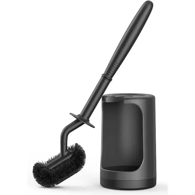 HAMITOR Toilet Bowl Brush Holder Set: Curved Design with Holder for Deep Cleaning Under Rim - Compact Hidden Scrubber for Small Space