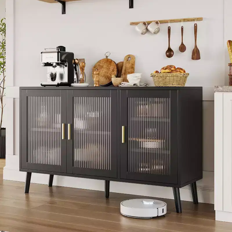48 Black Buffet Cabinet, Modern Sideboard Kitchen Cabinet with Glass Door and Removable Shelves