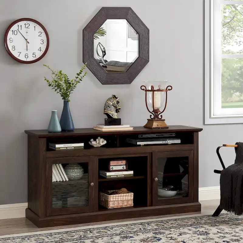 Black + Dark Walnut / Brown Modern TV Stand with Glass Doors, Open & Closed Storage, Fits TVs up to 65"