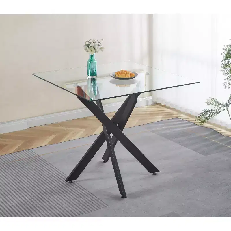 Square Dining Table with Cross Metal Leg and Tempered Glass Top, 90x90x75cm, Modern Space-Saving Design for Kitchen or Living Room