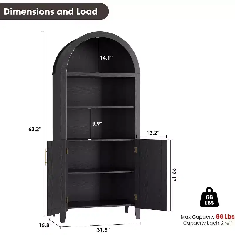 Acekool Arched Pantry Cabinet with Rattan Doors, 5-Tier Farmhouse Storage Cabinet for Kitchen Dining Living Room