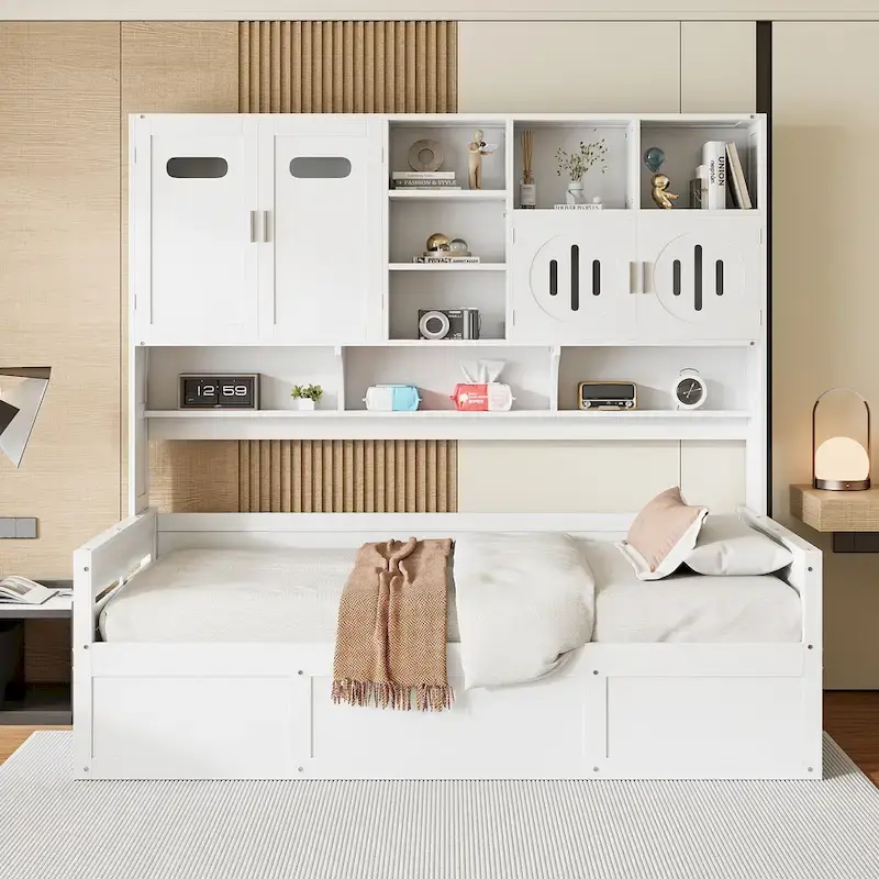 Twin Daybed with Hydraulic Lift, 3 Storage Spaces & Built-in Shelves and Cabinets
