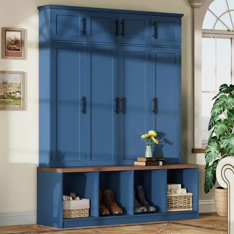 GDFStudio Jessica Farmhouse 4-in-1 Hall Tree with Hidden Hooks and Storage Bench