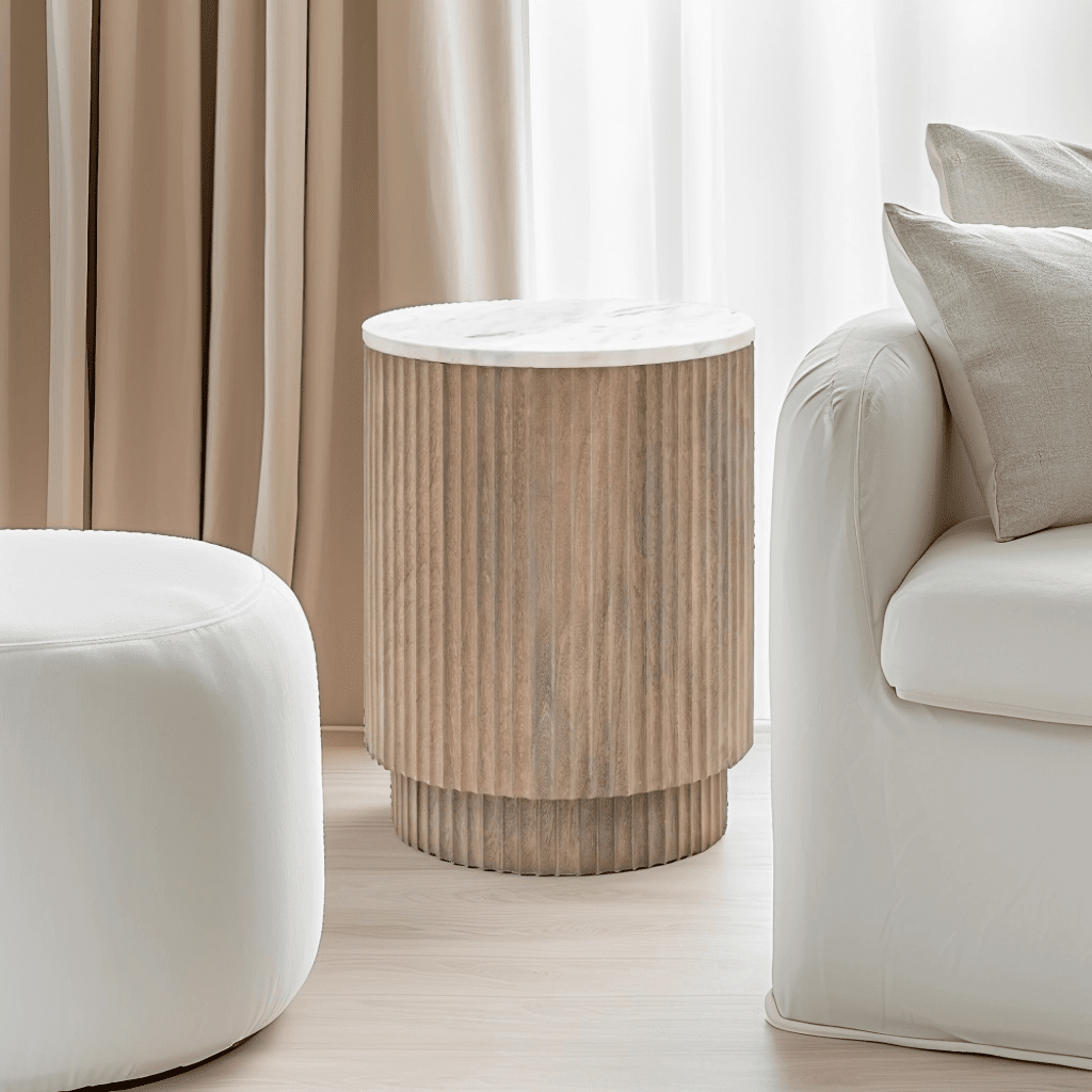 Mango Wood Ribbed Round Side Table with Marble Top
