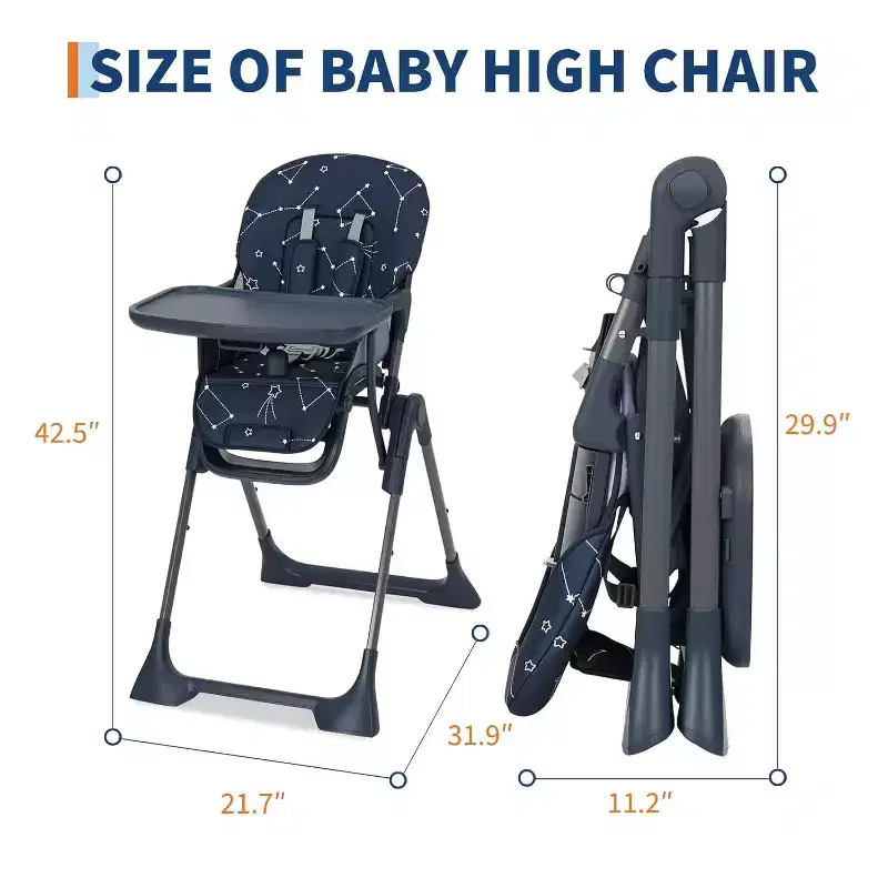 Foldable Baby High Chair with Adjustable Height, Backrest, Footrest & Removable Tray