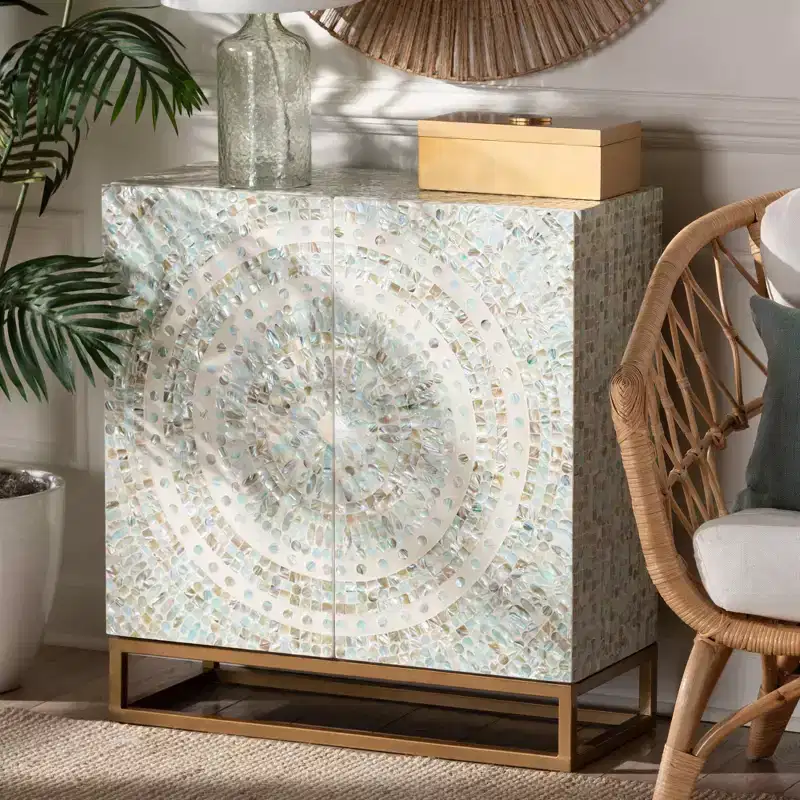 Quintus Mother of Pearl and Metal Storage Cabinet Mosaic/White/Gold: Elegant Accent, Fixed Shelves, No Assembly Required