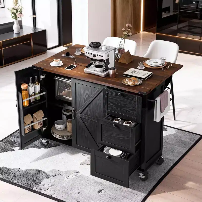 Farmhouse Rolling Kitchen Island with Power Outlet & Drop Leaf, Storage Cabinet with Internal Door Racks, Spice Rack & Wheels, Black