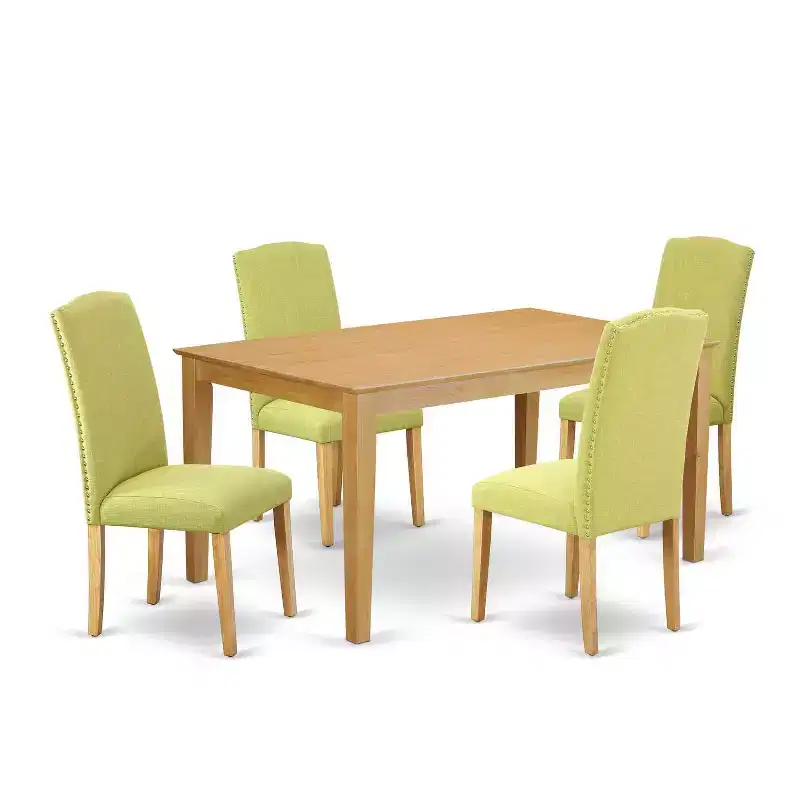 Victorian Dining Set - 5Pc Rectangle Table & 4 Chairs - Vintage Linen Fabric - Oak Legs - 60 Table
