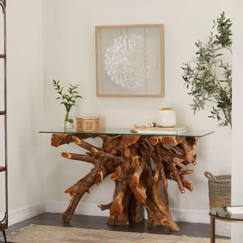 Contemporary Teak Wood Organic Console Table Brown - Olivia & May: Glass Top, No Assembly Required