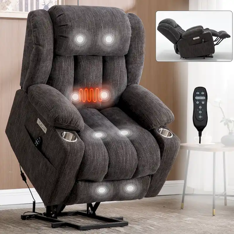 Grey Chenille Power Lift Recliner with Massage, Heating, USB, Cup Holders