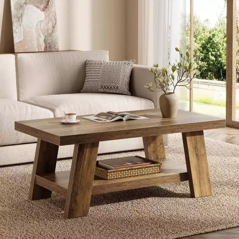 Lantine 47-Inch Farmhouse Coffee Table with Storage Shelf, Rustic Wooden 2-Tier Center Table for Living Room, Apartment, Rustic Brown